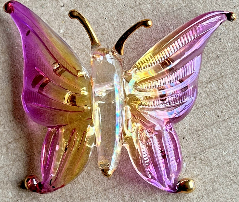 Pink & Yellow Blown Glass Butterfly Ornament Suncatcher Iridescent Gold Accents