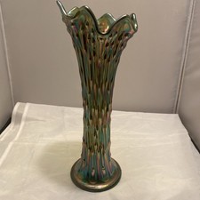 Vtg Fenton Carnival Glass 10.5 Vase April Showers Swung Green Iridescent Chip