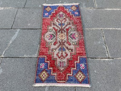 Cobalt Blue Crimson Rug 1.3x2.8 ft Vintage Turkish Wool Geometric Carpet