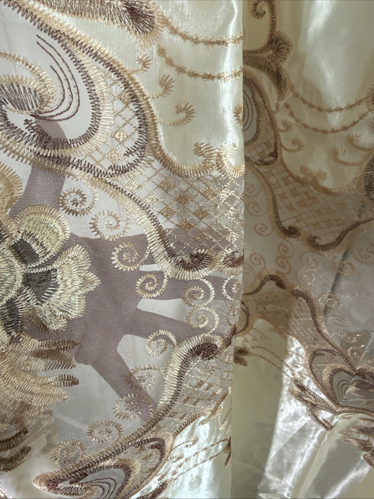 Pair (2) Curtain Panels Attached Valance Ivory Shimmer Satin Sheer Lace 54 X 87”