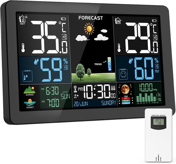 Wetterstation Funk Farbdisplay AußEnsensor Wecker Temperatur Luftfeuchtigkeit-image