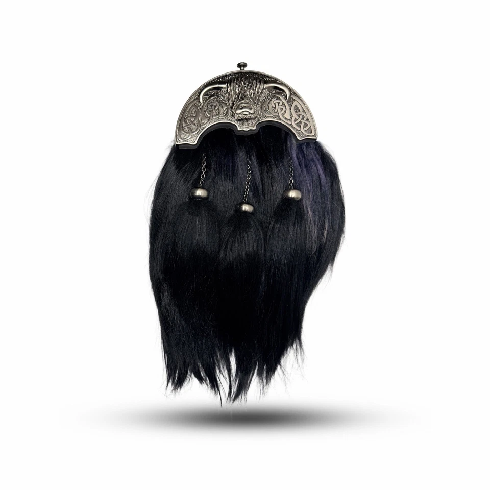 Nuevo Vestido Escocés Negro Cabra Pelo Largo Esporran Con Highland Cow Cantle Foto 2 de 3