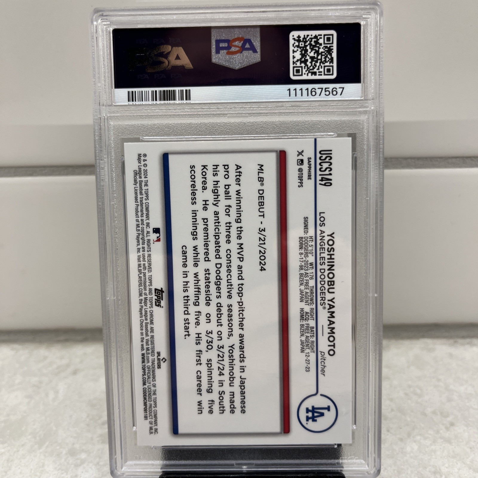 2024 TOPPS CHROME SAPPHIRE UPDATE SERIES #149 YOSHINOBU YAMAMOTO PSA 10 view 2