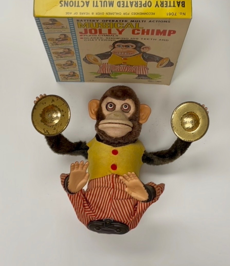 Vintage Musical Jolly Chimp Cymbal Monkey Toy WORKS w Box Made in