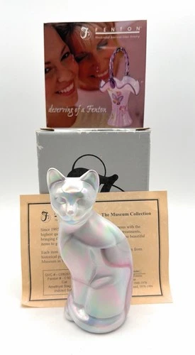Fenton Glass Cat Amethyst Slag Glass Iridized Satin Figurine Museum Collection