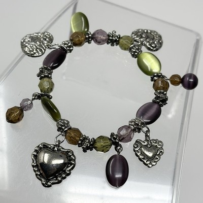 Vintage Silver Heart Charm Bracelet w/ Cat s Eye & Crystal Beads Boho 7 