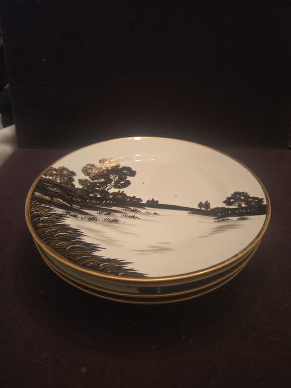 4 ANTIQUE MORIMURA NIPPON 8" Plate White Black & Gold JAPANESE FARM SCENE PLATE