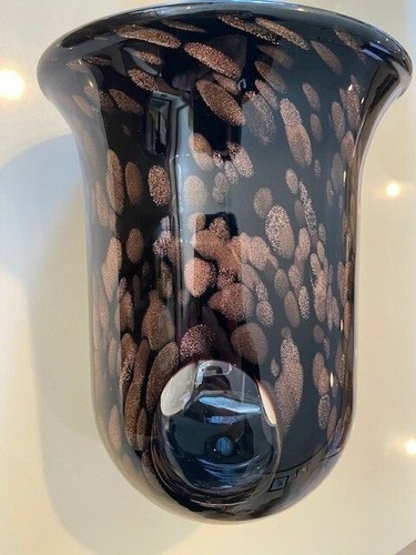Magnificent VTG Murano Aventurine Black Vase w/Copper Flecks Oval Windows RARE - Picture 10 of 11