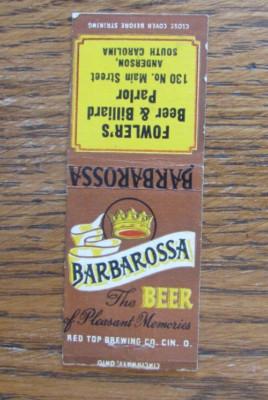 BARBAROSSA BEER MATCHBOOK MATCHCOVER: FOWLER'S BILLIARD PARLOR ANDERSON, SC -A1