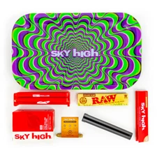 Metal Rolling Tray Trippy Combo Bundle Kit RAW, SKY HIGH Gift Pack Set #18 King
