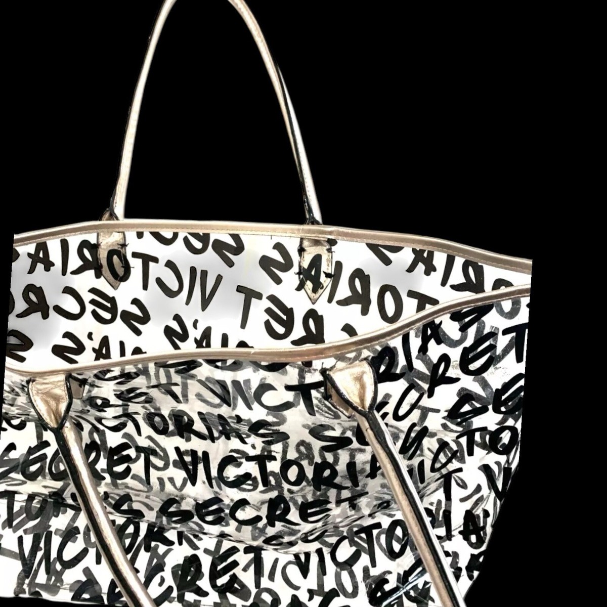 Victorias Secret Graffiti Logo Clear Tote Bag Gold Trim