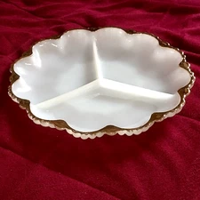 Fire King Divided 9 1/2" Milk Glass 3 Part Dish Vtg Gold Trim Anchor Hocking MCM
