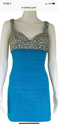 SHERRI HILL Turquoise Heavy Beaded Bandage Mini Dress size 6