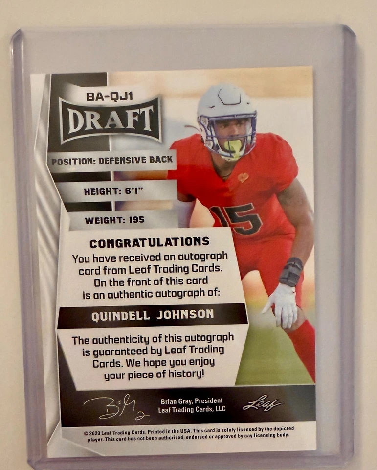 QUINDELL JOHNSON 2023 Leaf Draft ROOKIE #BA-QJ1 Red - SIGNED AUTO Mint RC - Image 2 of 2