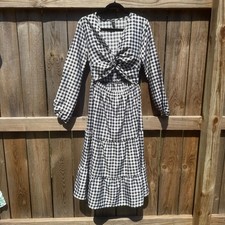SHEIN Black White Gingham Twist Front Cutout Tiered Midi Dress Womens Size 6 M