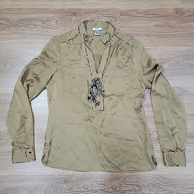 Cache Y2k Blouse Top Shirt Womens Bronze Gold Silk Popover Long Cuff Sleeve
