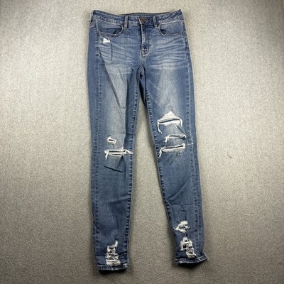 American Eagle Jegging Jeans Womens 8 Long Blue Distressed Ripped Super Stretch