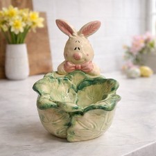 Vintage Style Ceramic Bunny Cabbage Bowl Candy Easter Spring Decor 6” Tall