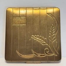 Vtg Compact Used Mirrored Powder Box Gold Tone Made In USA Brass Flower