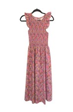 Melloday Women’s XS Floral Paisley Smocked Tiered Lined Peach Maxi Dress