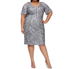 Alex Evenings Women's Cocktail Dress Size 14W Silver Sequin Short Sleeve Sheath