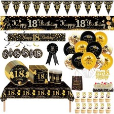 18th Birthday Decorations Black gold Age 18 Banner Tablecloth Party Balloons set