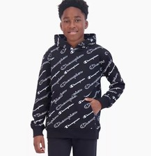Champion Youth Large Black  White Spellout Allover Logo Print Hoodie