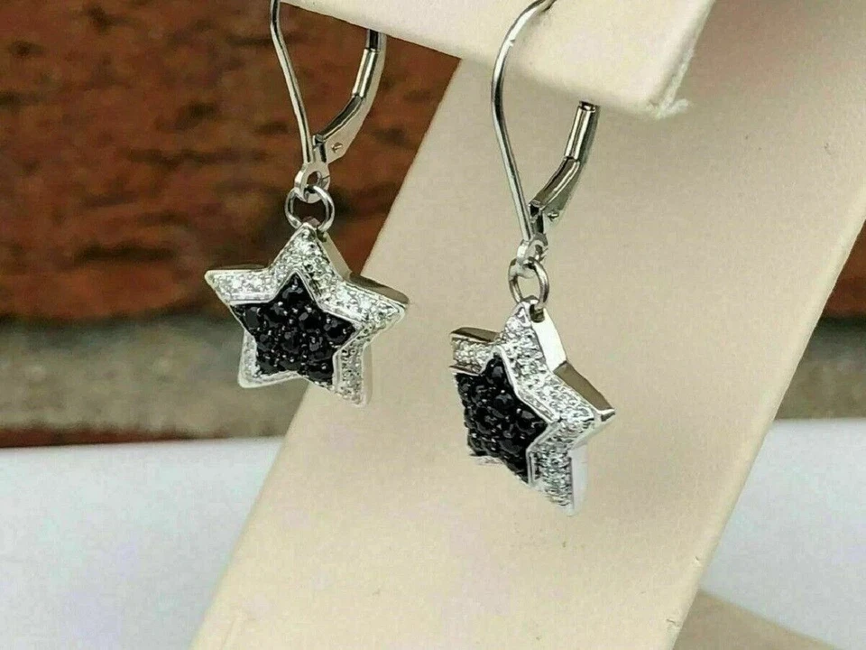 14K  White Gold plated 1.50CT Round Simulated Black Diamond STAR Dangle Earring - Image 2 of 4