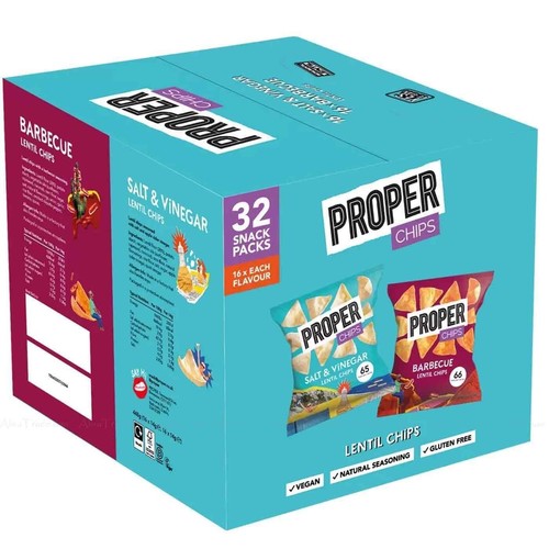 Proper Chips Lentil BBQ and Salt & Vinegar Mixed Crisps Case, 32 x 14g