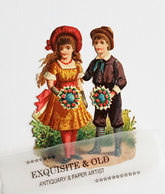 um 1900 Mädchen Junge Liebespaar Blume Glanzbild Prägedruck Ephemera Luxuspapier