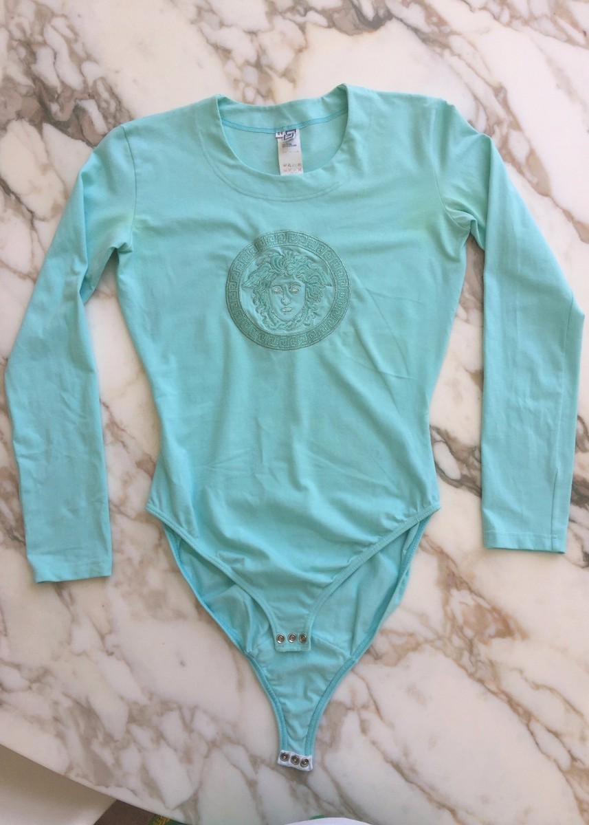 GIANNI VERSACE aquamarine cotton stretch body Medusa embroidered S