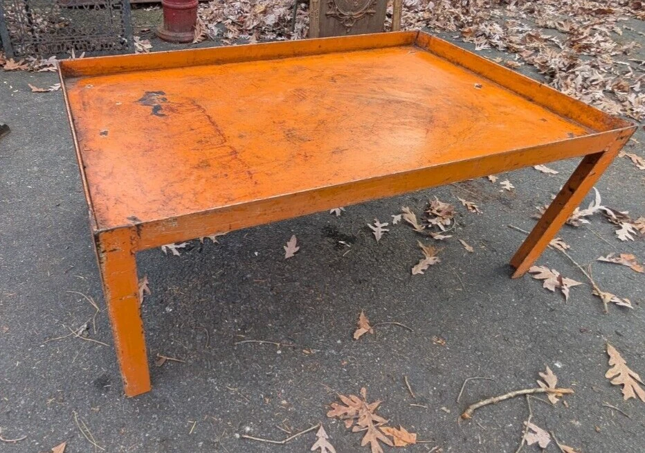 Industrial Steel Mid Century Modern Coffee Table in Orange Paint - Image 3 of 4