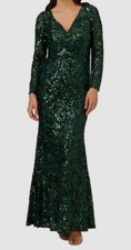 Adrianna Papell Women's Green Sequined Lace V-Neck Gown Dress Size 8