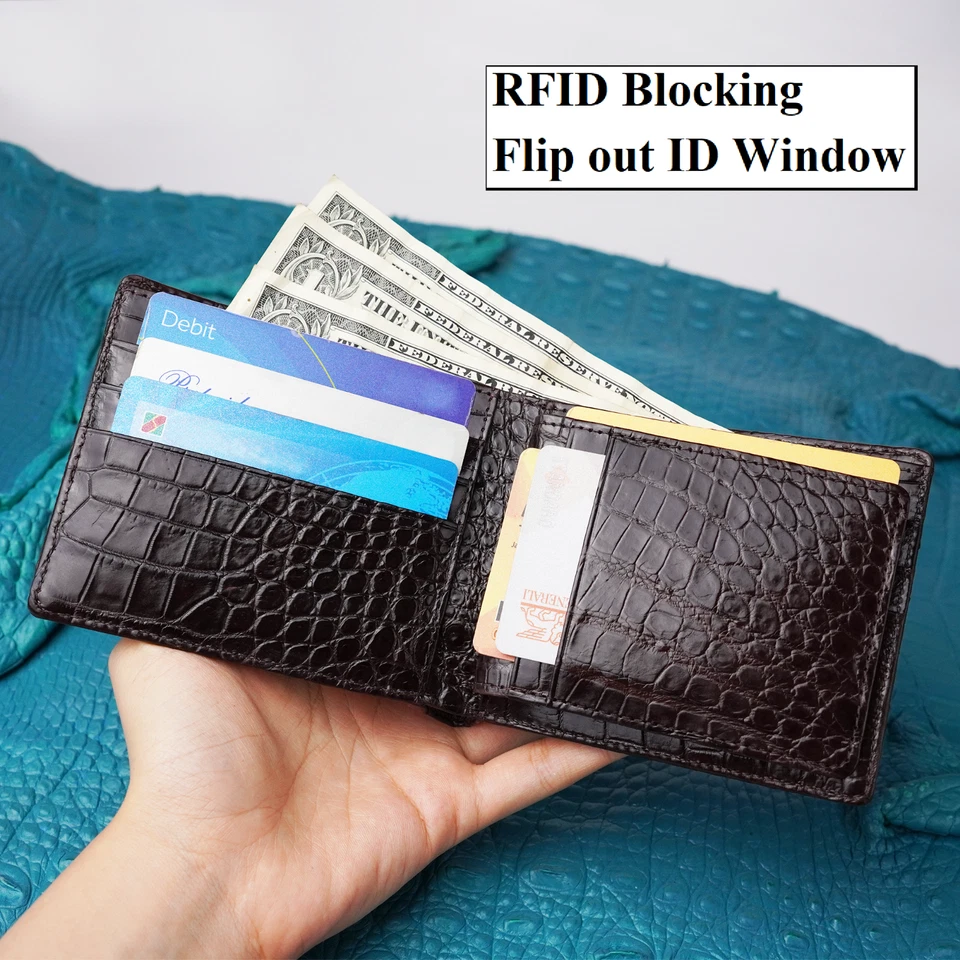 Cartera plegable de cuero marrón de cocodrilo para hombre billetera billetera bloque RFID Foto 4 de 4