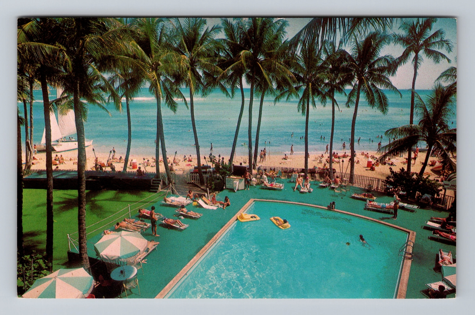 Hawaii HI Honolulu Waikiki Beach Outrigger Hotels Vintage Postcard Card View PC