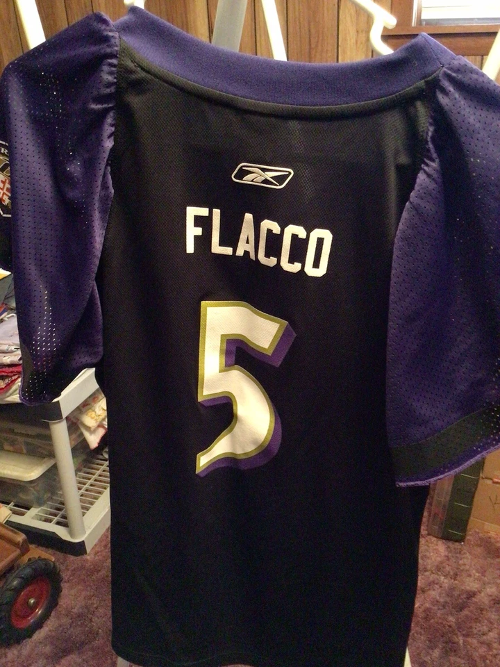 Camiseta deportiva Joe Flacco #5 Baltimore Ravens para mujer X-grande negra cosida en casa NFL Reebok Foto 3 de 4
