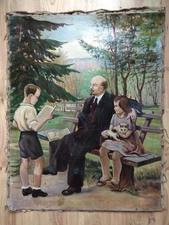 RARE Vintage Oil Painting Lenin children Soviet USSR Socialist realism