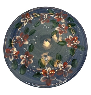 VTG French Art Pottery Decorative Plate Blue w/Pink Flowers Artist Signed 10.5''