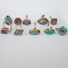 Tibetan Genuine Turquoise Coral Blue Lapis Jewelry Adjustable Unisex 10Rings Lot
