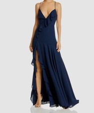 $299 Fame And Partners Women's Blue Sleeveless Ruffle Gown Dress US Size 10