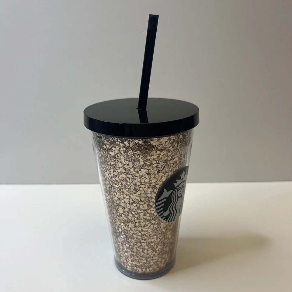 Starbucks Negro Rosa Oro Brillante Brillo Taza Fría 16oz Acrílico Vaso Grande NUEVO Foto 4 de 4