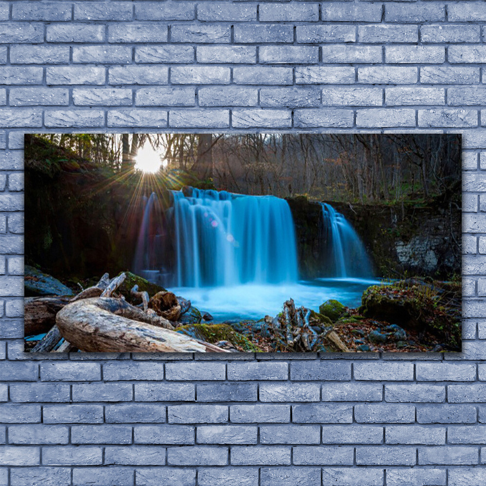 Tableau en verre trempé 140x70 cm forêt dorée et cascade pour une déco luxe