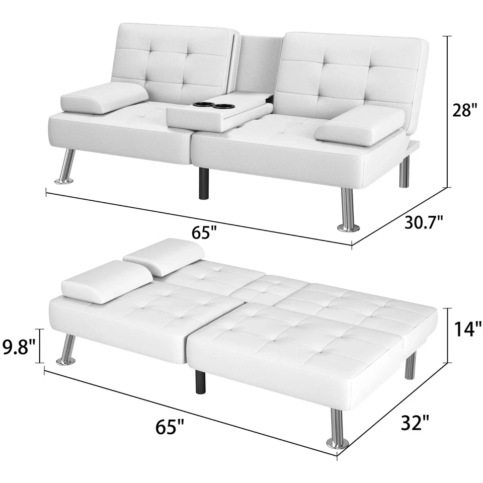 Sofá Cama Plegable Cuero Sintetico Muebles para Sala Apartamento Con Portavasos Foto 2 de 4