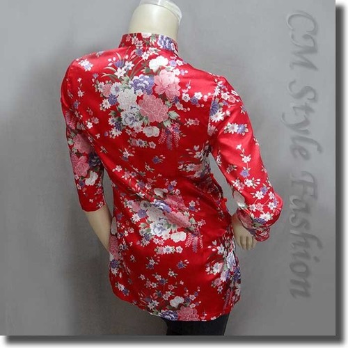* Chinese Cheongsam Qipao Style Floral Satin Tunic Top Red S - Picture 6 of 6