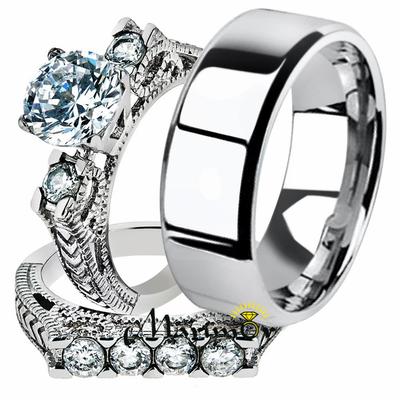 Hers His 3pc Stainless Steel Round Cut Vintage Bridal Ring Set