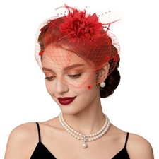 Fascinators Hats Tea Party Hats for Women Feather Veil Headband Vintage Red