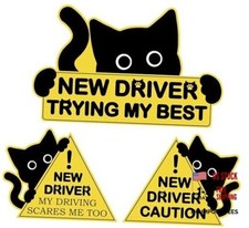 3Pcs New Driver Car Magnet Sticker Set, Funny Cute Cat Design, Caution Warning