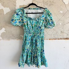 Zara Mini Dress Smocked Floral Puff Sleeve Ruffle Blue Green Womens M Feminine