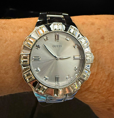 GUESS Women s Silver Tone Analog Quartz Watch Gem-Set Bezel Metal Bracelet