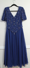 Vitage Scala Beaded/Sequin/Chiffon Long Evening Gown/Dress Blue Short Sleeve Sm